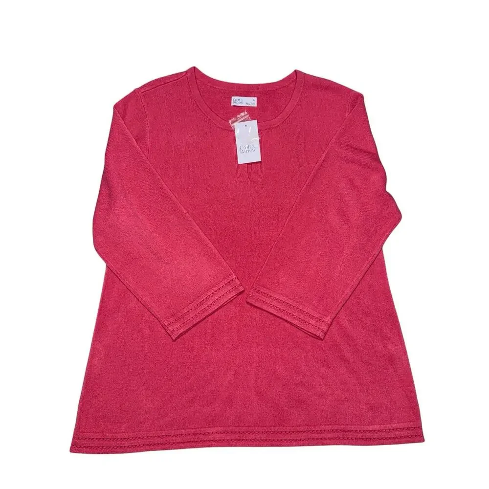 Croft & Barrow Pink Women's Button Crew Pointelle Trim Sweater SZ/XL